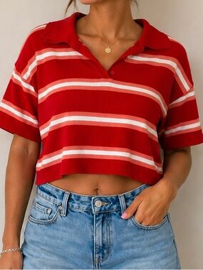 Mango Red Striped Cropped Polo Top